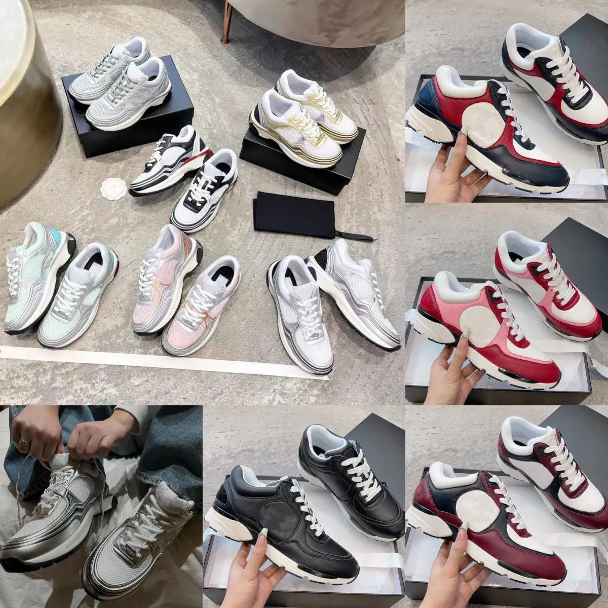 2023 Zapatos deportivos casuales de diseñador para mujer Empalme de malla de cuero de vaca Zapatillas de deporte de moda lujosas
