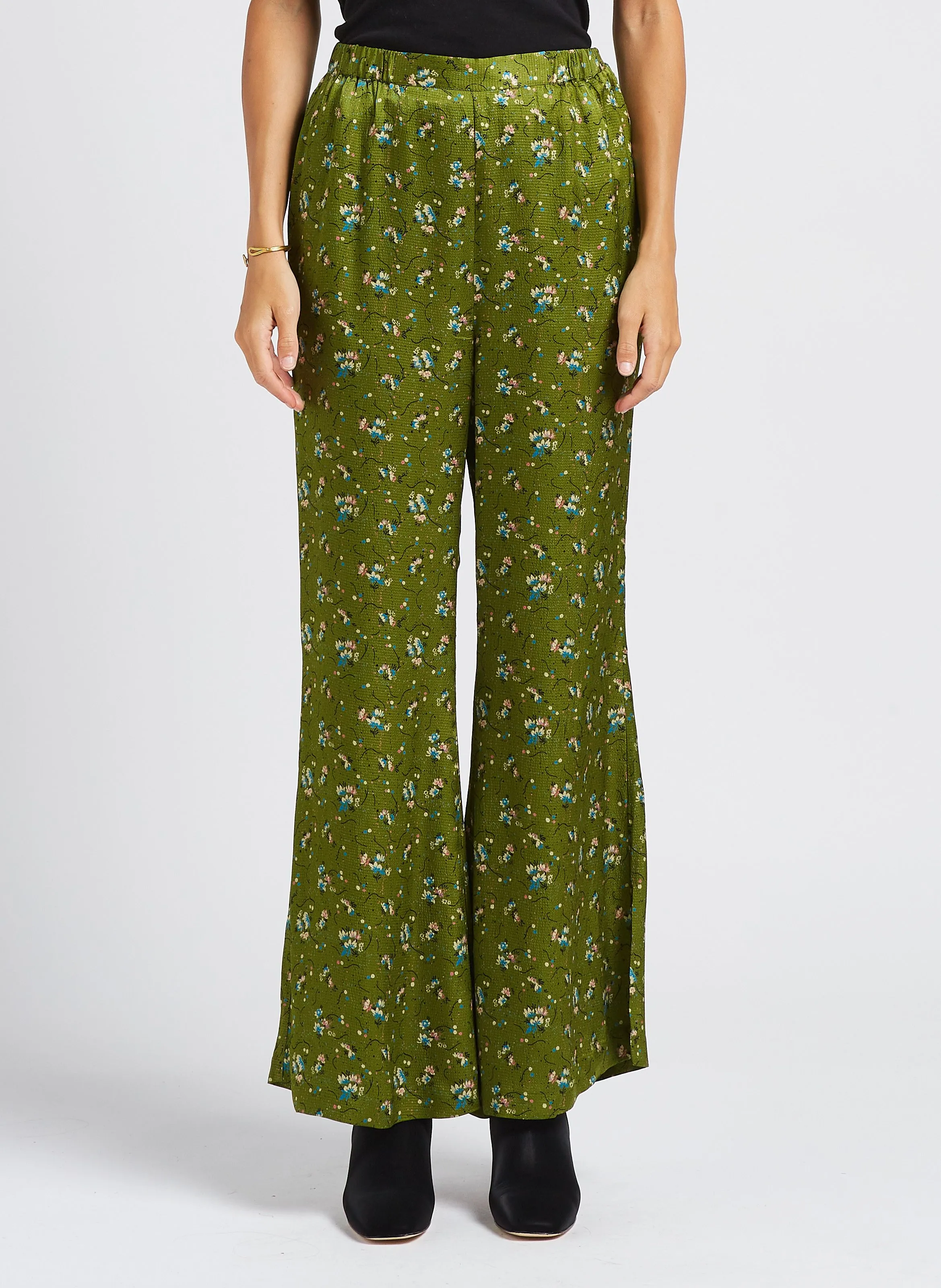 GAN - Pantalón ancho con estampado floral en verde
