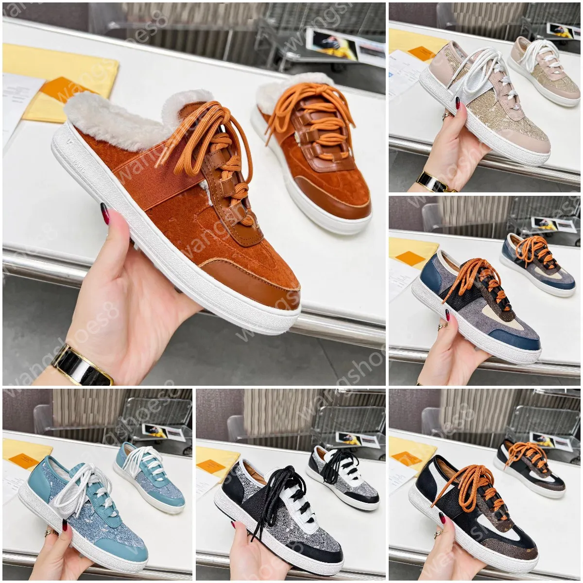 Lous Open Back Sneaker Diseñador Entrenamiento moral Media zapatilla Clásico Hombre Mujer Ocio Baotou Zapatillas Lujo Cuero de v