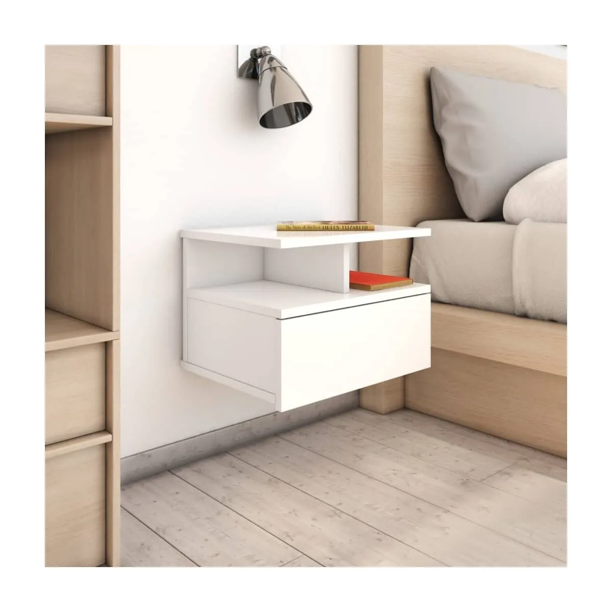 Mesita de noche flotante madera blanco brillo 40x31x27 cm