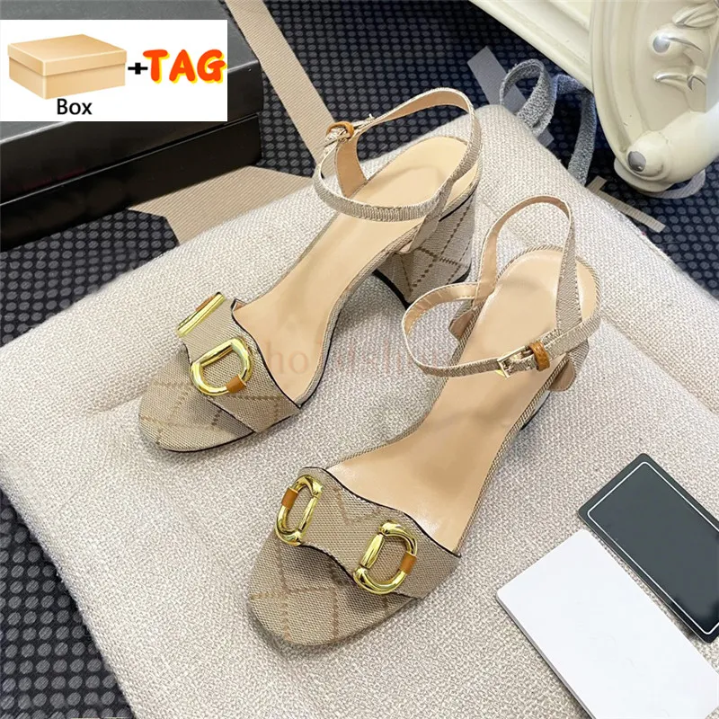 Moda Mid Heel Horsebit Sandalias zapatos de mujer champán negro blanco Albaricoque plata cuero beige lienzo denim tacones altos 