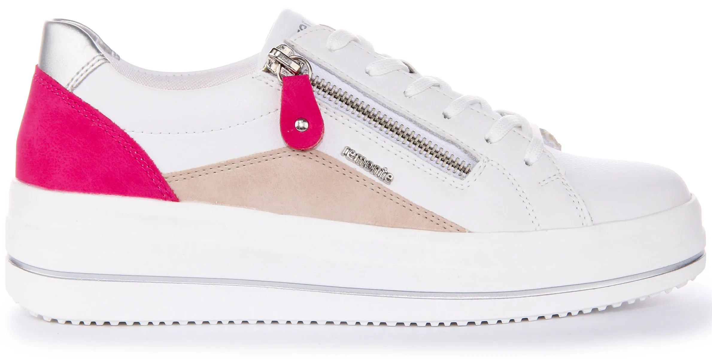 Zapatillas de Cuero para Mujer Remonte con Cierre de Cremallera Suave y Cordones en Velour Lin Blanco Rosa