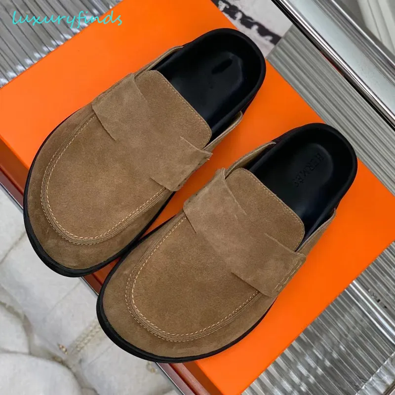 Zapatos de mula Sandalias 100% cuero real Gamuza Hombres Mujeres Zapatillas Diseñador Lujo Diapositivas de cuero de alta calidad
